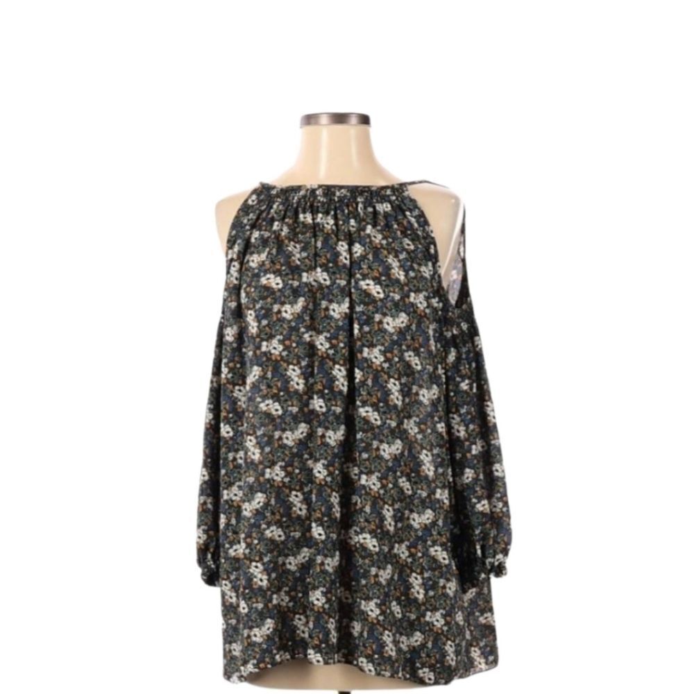 Max Studio Green Multicolor Floral Print Long Sleeve Cold Shoulder Blouse Small